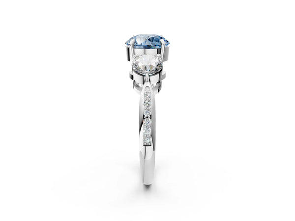 White gold Three-Stone Fancy Blue Round Cut Diamond Channel Set Engagement Ring with Prong Setting
