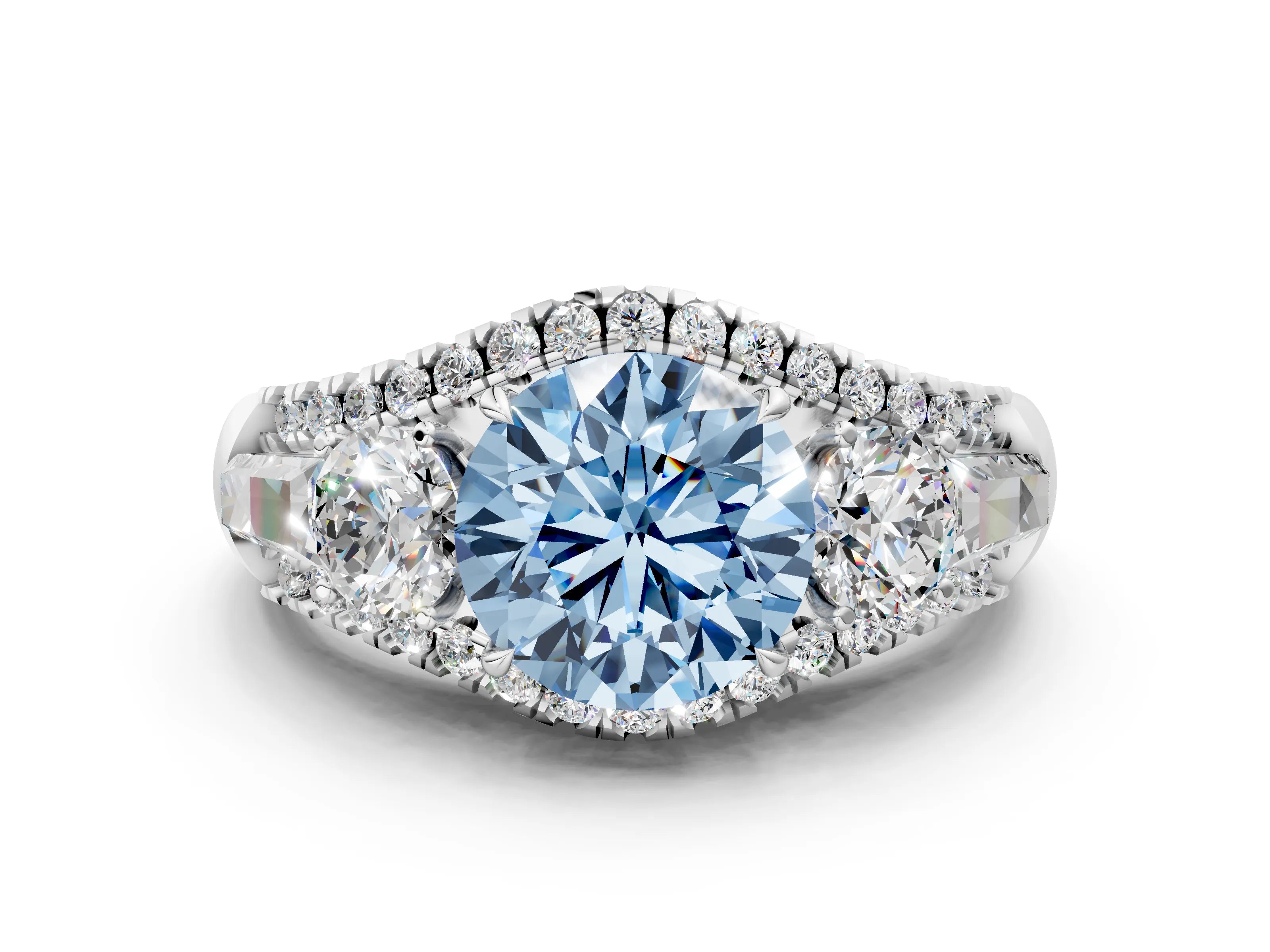 White gold Three-Stone Fancy Blue Round Cut Diamond Engagement Ring with Pave Band and Prong Setting_12