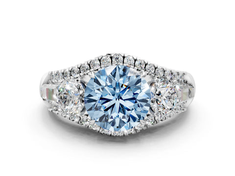 White gold Three-Stone Fancy Blue Round Cut Diamond Engagement Ring with Pave Band and Prong Setting_12