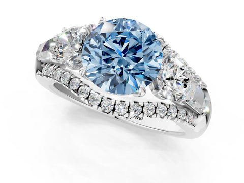 White gold Three-Stone Fancy Blue Round Cut Diamond Engagement Ring with Pave Band and Prong Setting_13