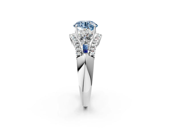 Platinum Round Five Stone Baguette Engagement Ring Setting for Fancy Blue Center