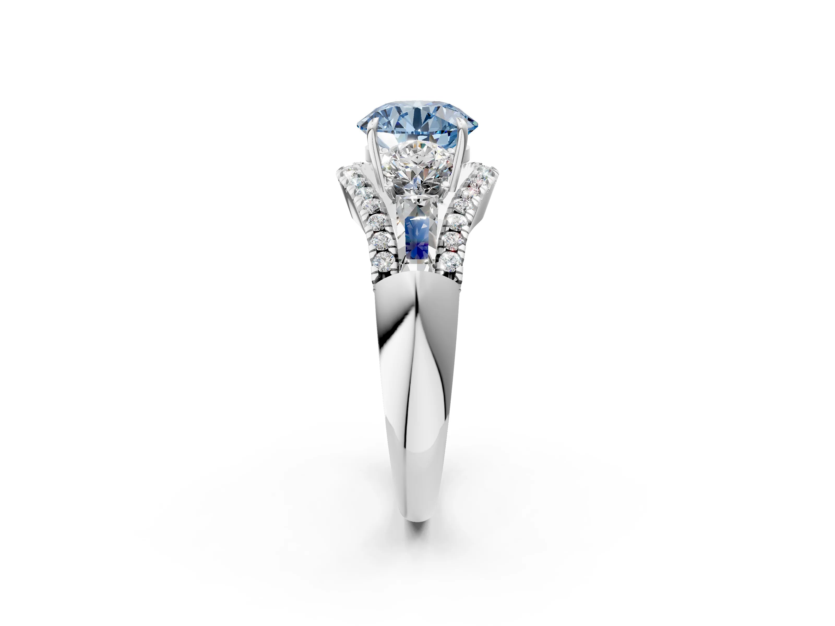 White gold Three-Stone Fancy Blue Round Cut Diamond Engagement Ring with Pave Band and Prong Setting_14