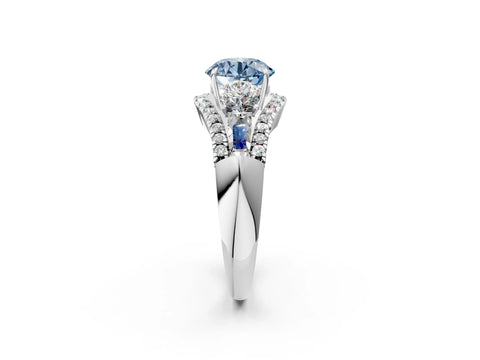 White gold Three-Stone Fancy Blue Round Cut Diamond Engagement Ring with Pave Band and Prong Setting_14