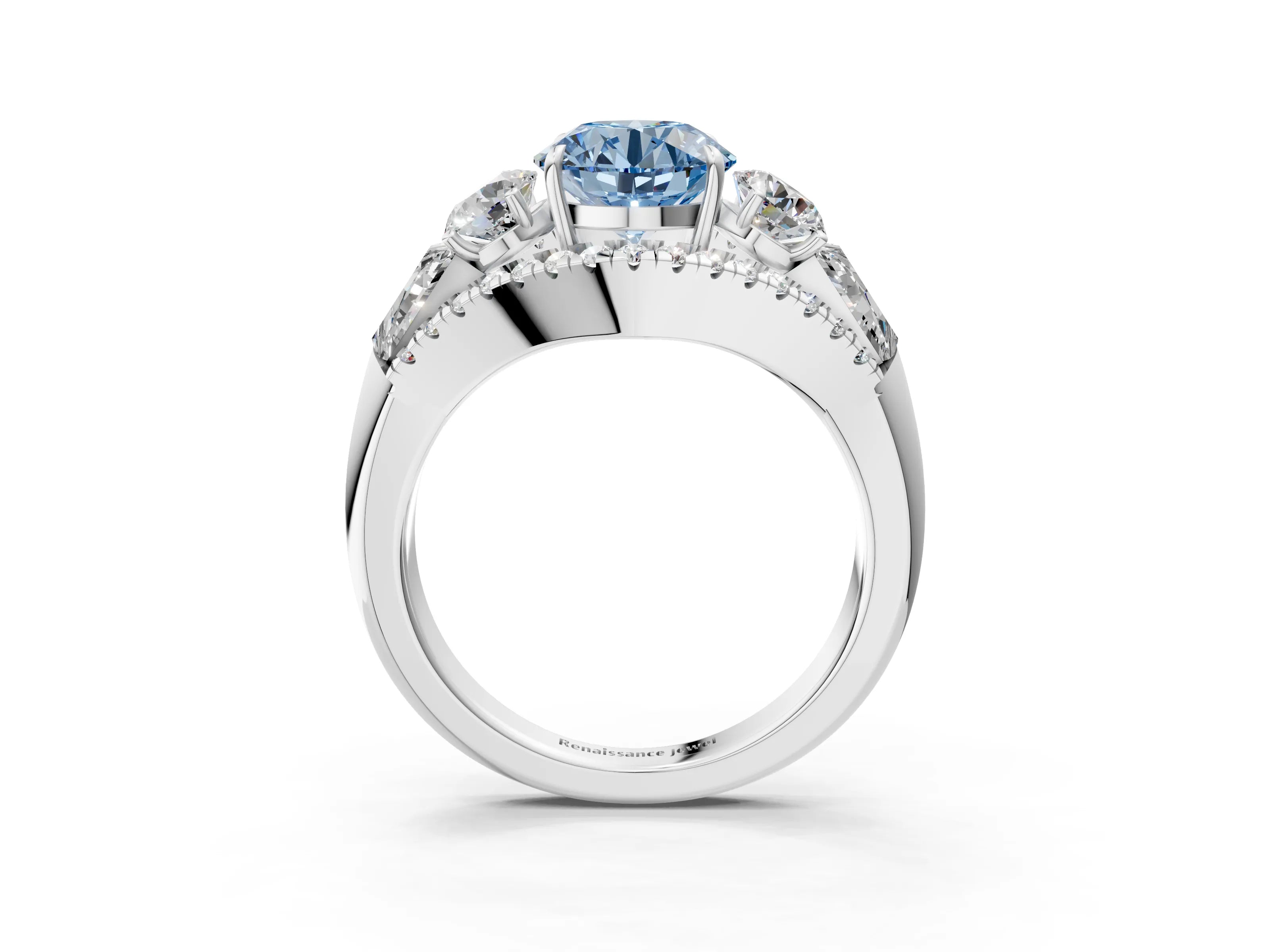 White gold Three-Stone Fancy Blue Round Cut Diamond Engagement Ring with Pave Band and Prong Setting_15