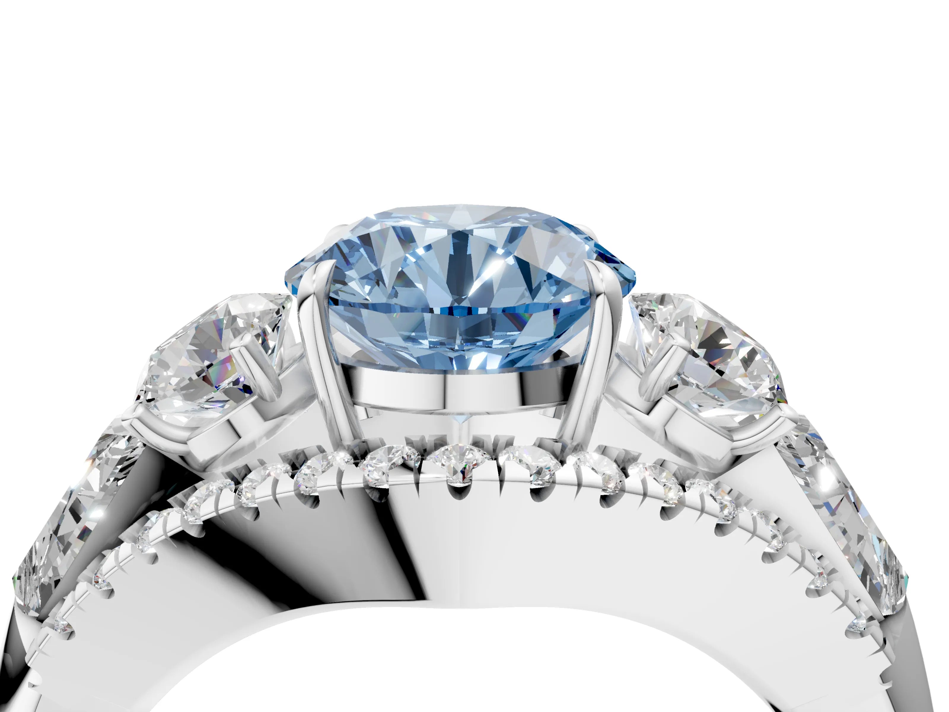 White gold Three-Stone Fancy Blue Round Cut Diamond Engagement Ring with Pave Band and Prong Setting_16