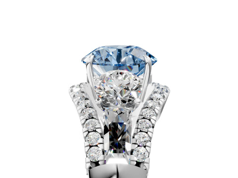 White gold Three-Stone Fancy Blue Round Cut Diamond Engagement Ring with Pave Band and Prong Setting_17