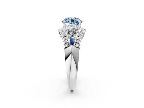 White gold Three-Stone Fancy Blue Round Cut Diamond Engagement Ring with Pave Band and Prong Setting_2