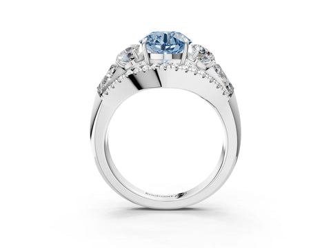 White gold Three-Stone Fancy Blue Round Cut Diamond Engagement Ring with Pave Band and Prong Setting_3