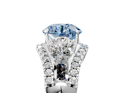 White gold Three-Stone Fancy Blue Round Cut Diamond Engagement Ring with Pave Band and Prong Setting_5