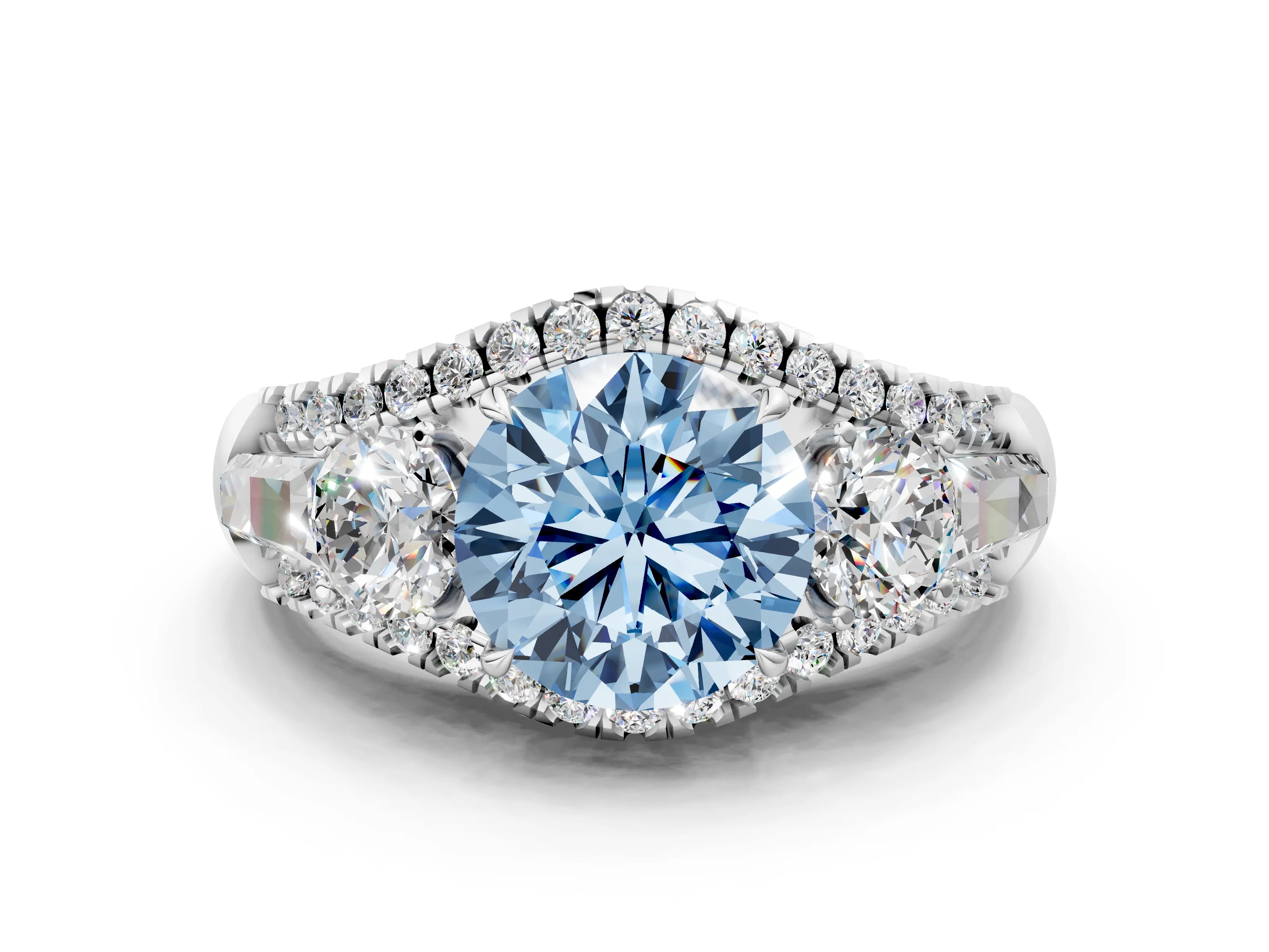 White gold Three-Stone Fancy Blue Round Cut Diamond Engagement Ring with Pave Band and Prong Setting