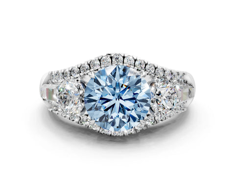 White gold Three-Stone Fancy Blue Round Cut Diamond Engagement Ring with Pave Band and Prong Setting