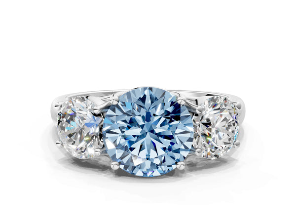 Platinum Three-Stone Fancy Blue Round Cut Diamond Engagement Ring with Prong Setting