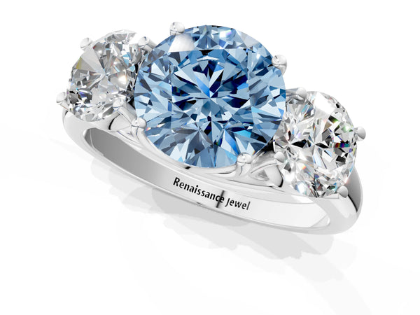 Platinum Three-Stone Fancy Blue Round Cut Diamond Engagement Ring with Prong Setting