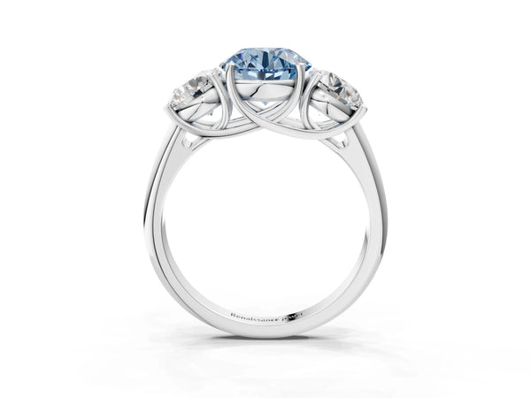 Platinum Three-Stone Fancy Blue Round Cut Diamond Engagement Ring with Prong Setting