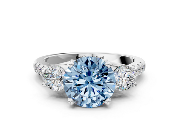 White gold Three-Stone Fancy Blue Round Cut Diamond Pavé Band with Four-Prong Setting