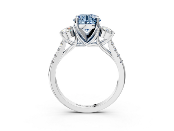 White gold Three-Stone Fancy Blue Round Cut Diamond Pavé Band with Four-Prong Setting