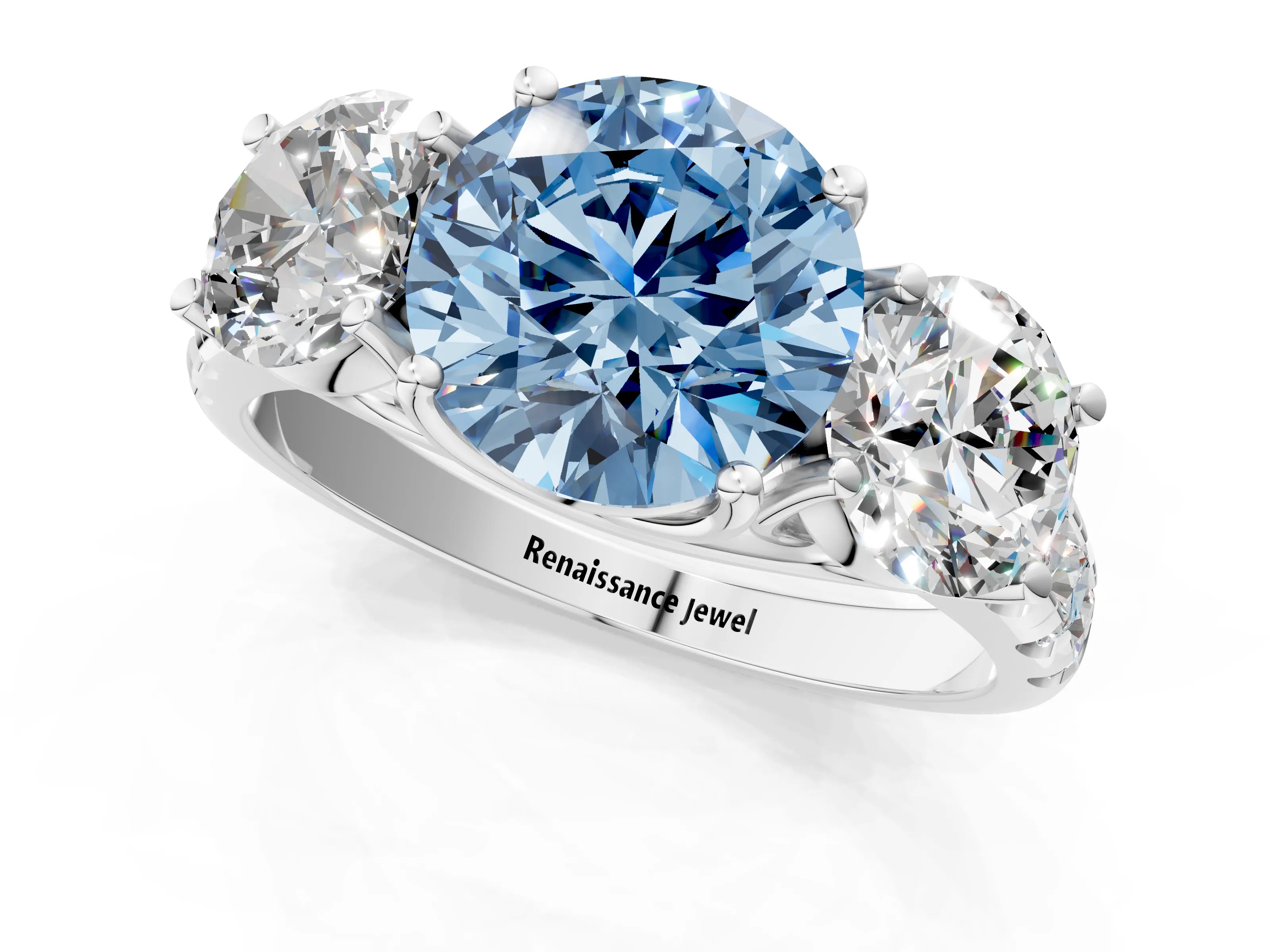 White gold Three-Stone Fancy Blue Round Cut Diamond Pavé Band with Prong Setting_13