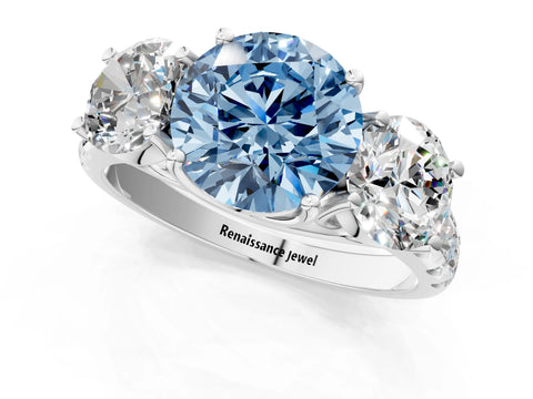 White gold Three-Stone Fancy Blue Round Cut Diamond Pavé Band with Prong Setting_13