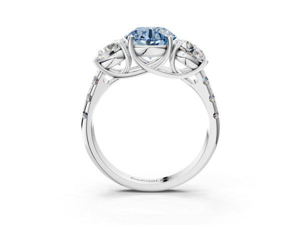 White gold Three-Stone Fancy Blue Round Cut Diamond Pavé Band with Prong Setting