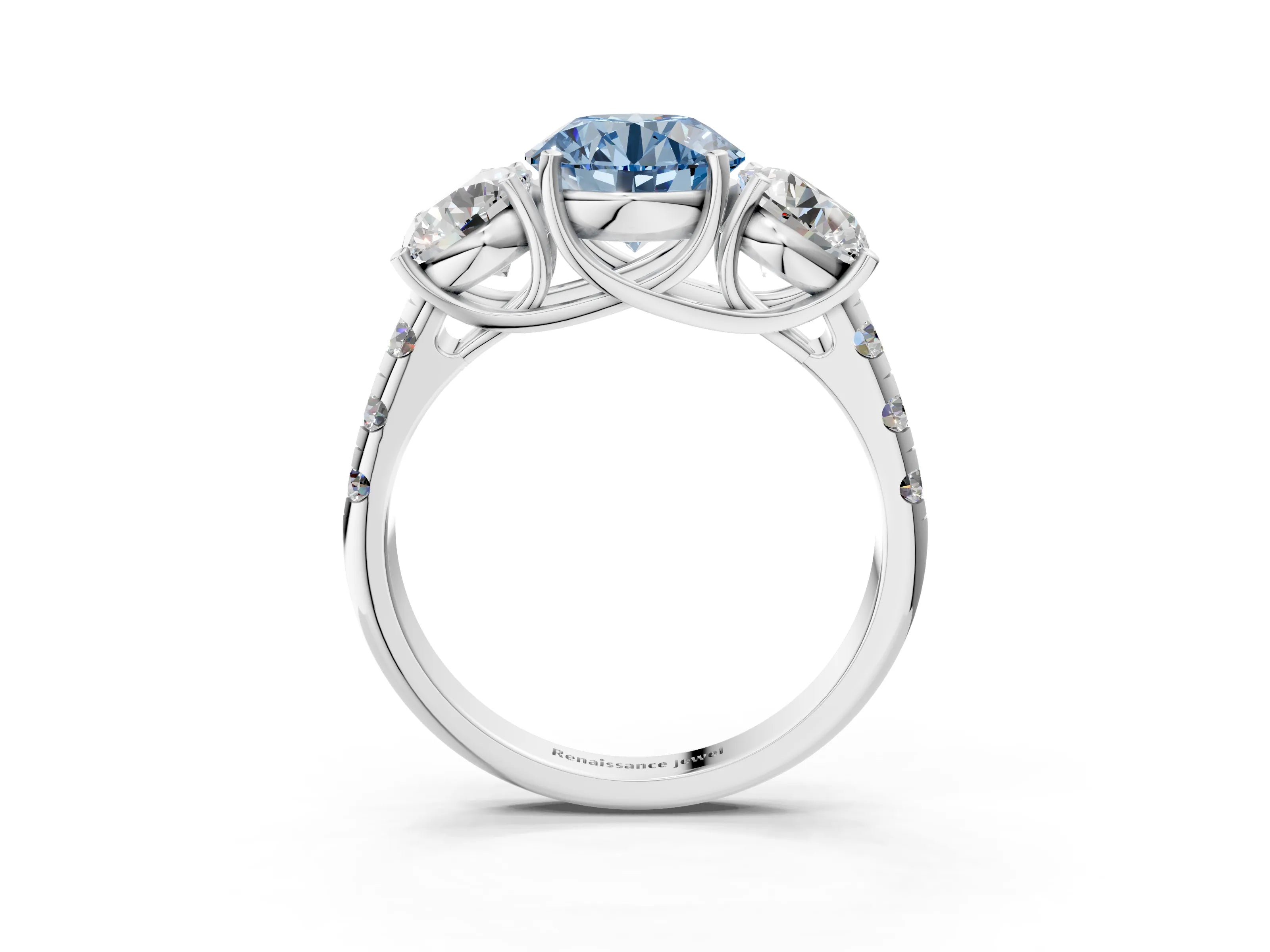 White gold Three-Stone Fancy Blue Round Cut Diamond Pavé Band with Prong Setting_15