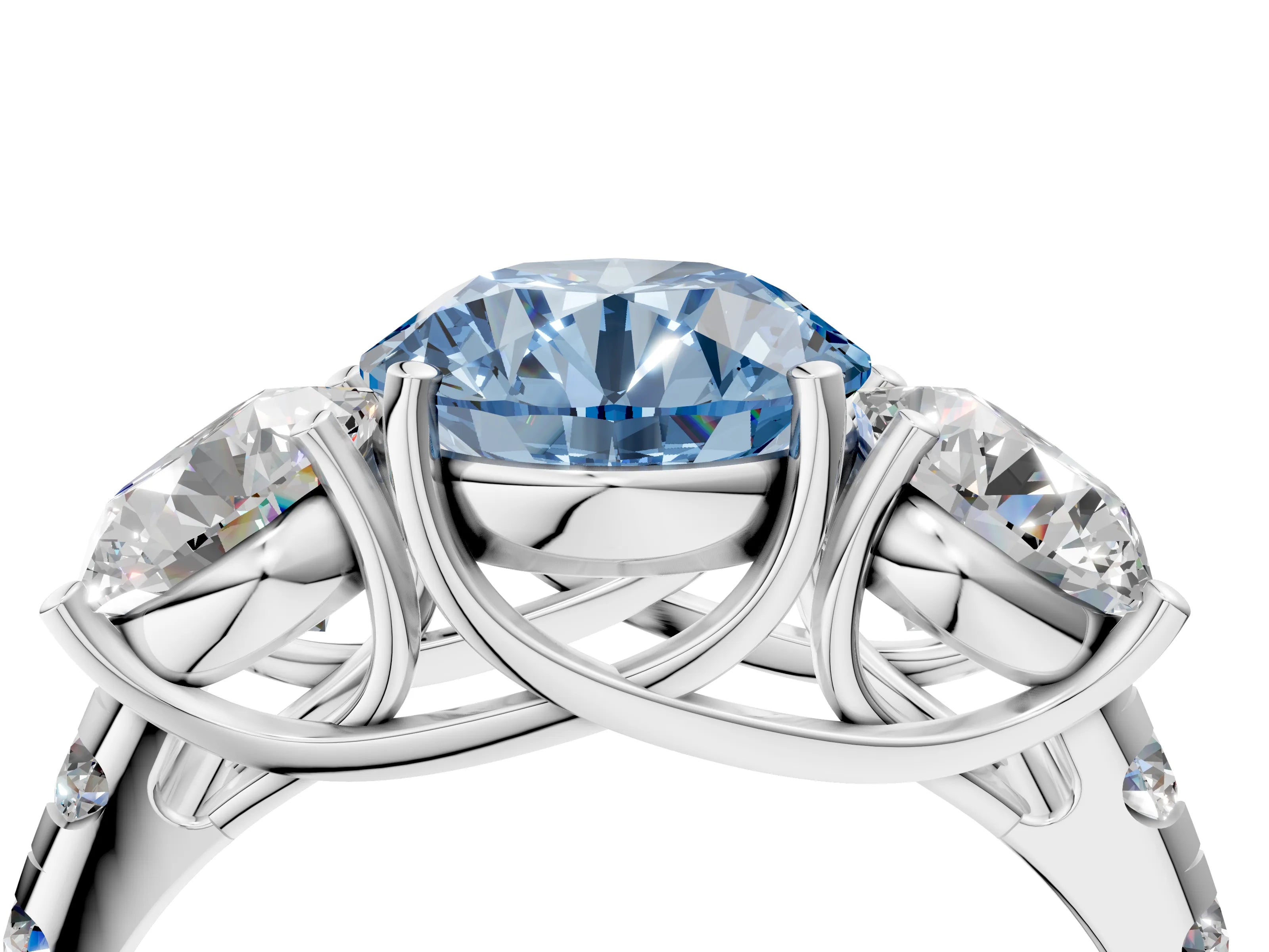 White gold Three-Stone Fancy Blue Round Cut Diamond Pavé Band with Prong Setting_16