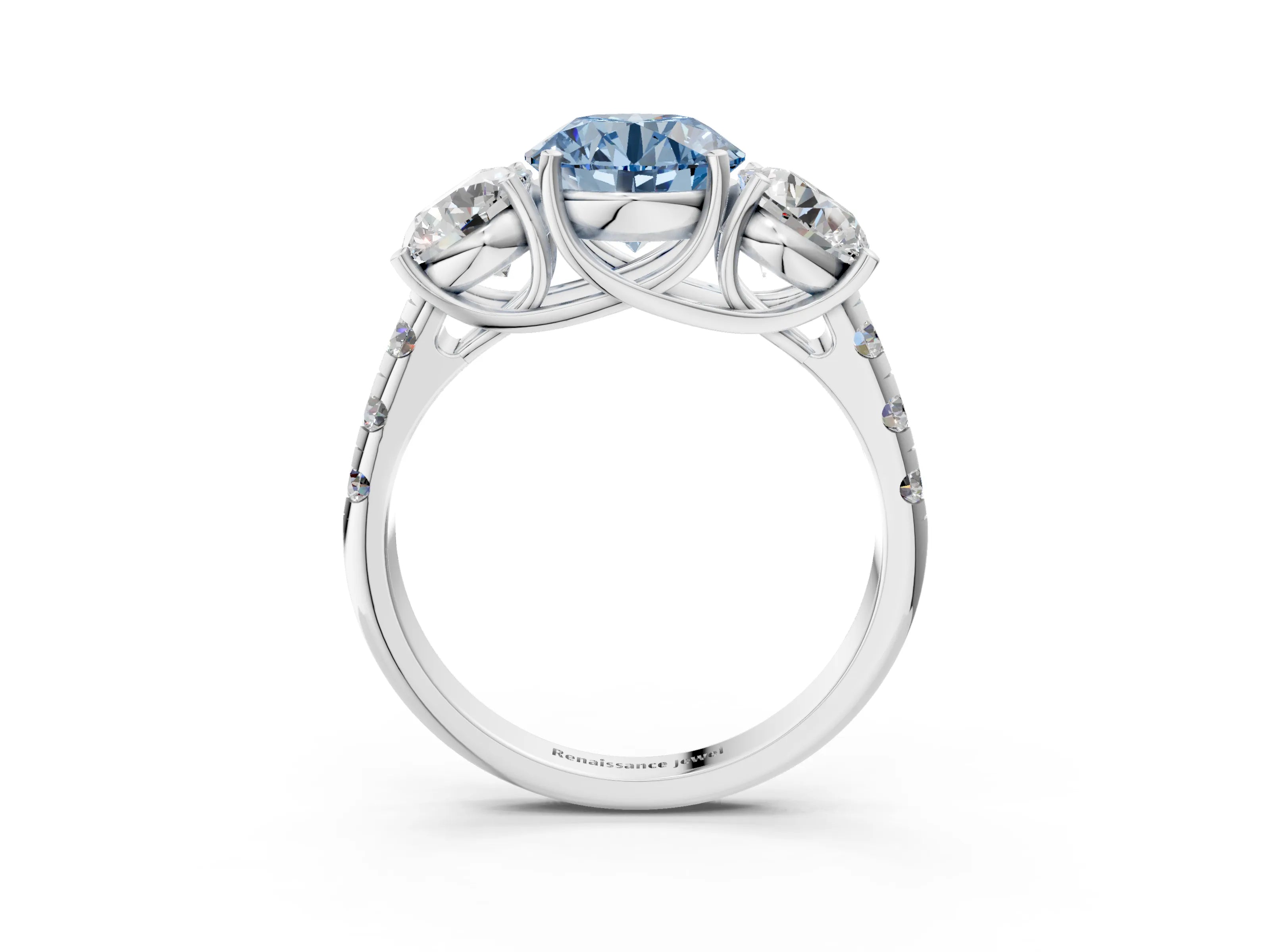White gold Three-Stone Fancy Blue Round Cut Diamond Pavé Band with Prong Setting_3