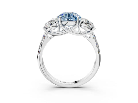 White gold Three-Stone Fancy Blue Round Cut Diamond Pavé Band with Prong Setting_3