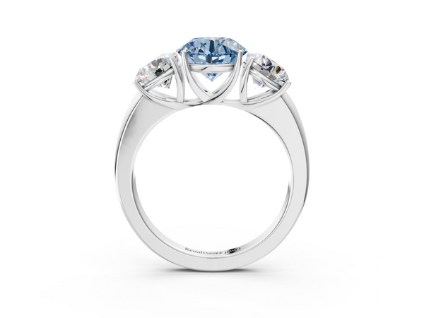 Platinum Fancy Blue Round Cut Diamond Three-Stone Ring with Four-Prong Setting and Classic Band