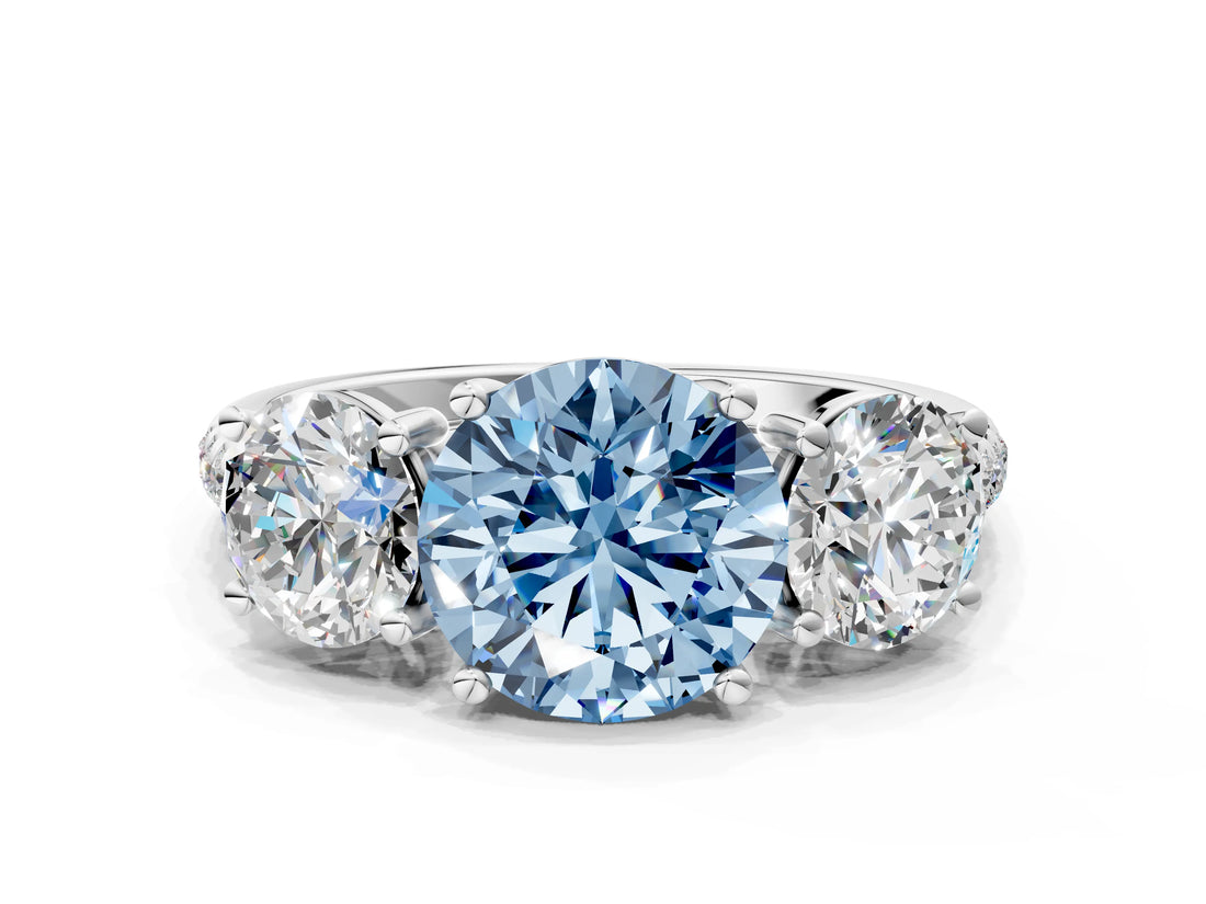 White gold Three-Stone Fancy Blue Round Cut Diamond Ring with Pavé Band and Prong Setting_129