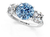 White gold Three-Stone Fancy Blue Round Cut Diamond Ring with Pavé Band and Prong Setting_130