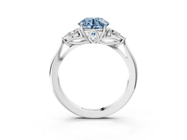 White Gold Round Engagement Ring Setting for Fancy Blue Center with Pear Side Stones