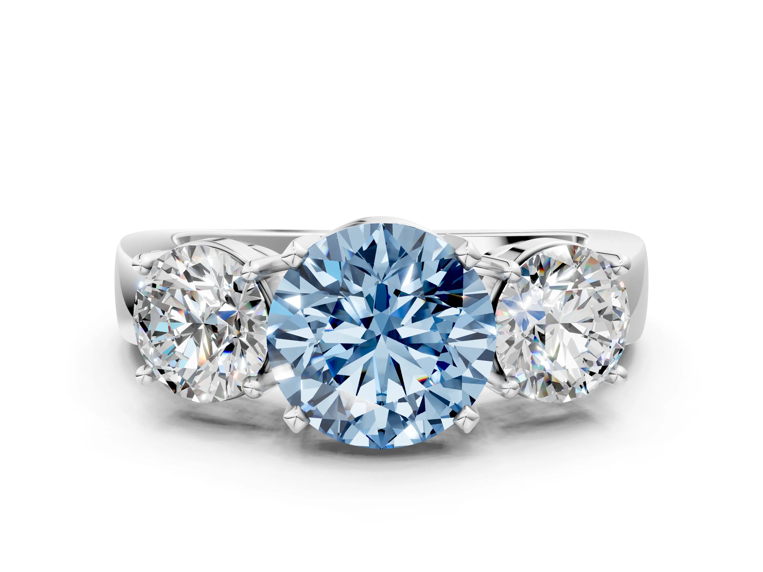 White gold Three-Stone Fancy Blue Round Cut Diamond Ring with Round Side Stones, Classic Band, and Four-Prong Setting