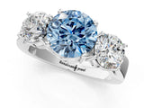 White gold Three-Stone Fancy Blue Round Cut Diamond Ring with Round Side Stones, Classic Band, and Four-Prong Setting_1