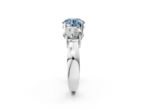 White gold Three-Stone Fancy Blue Round Cut Diamond Ring with Round Side Stones, Classic Band, and Four-Prong Setting_2