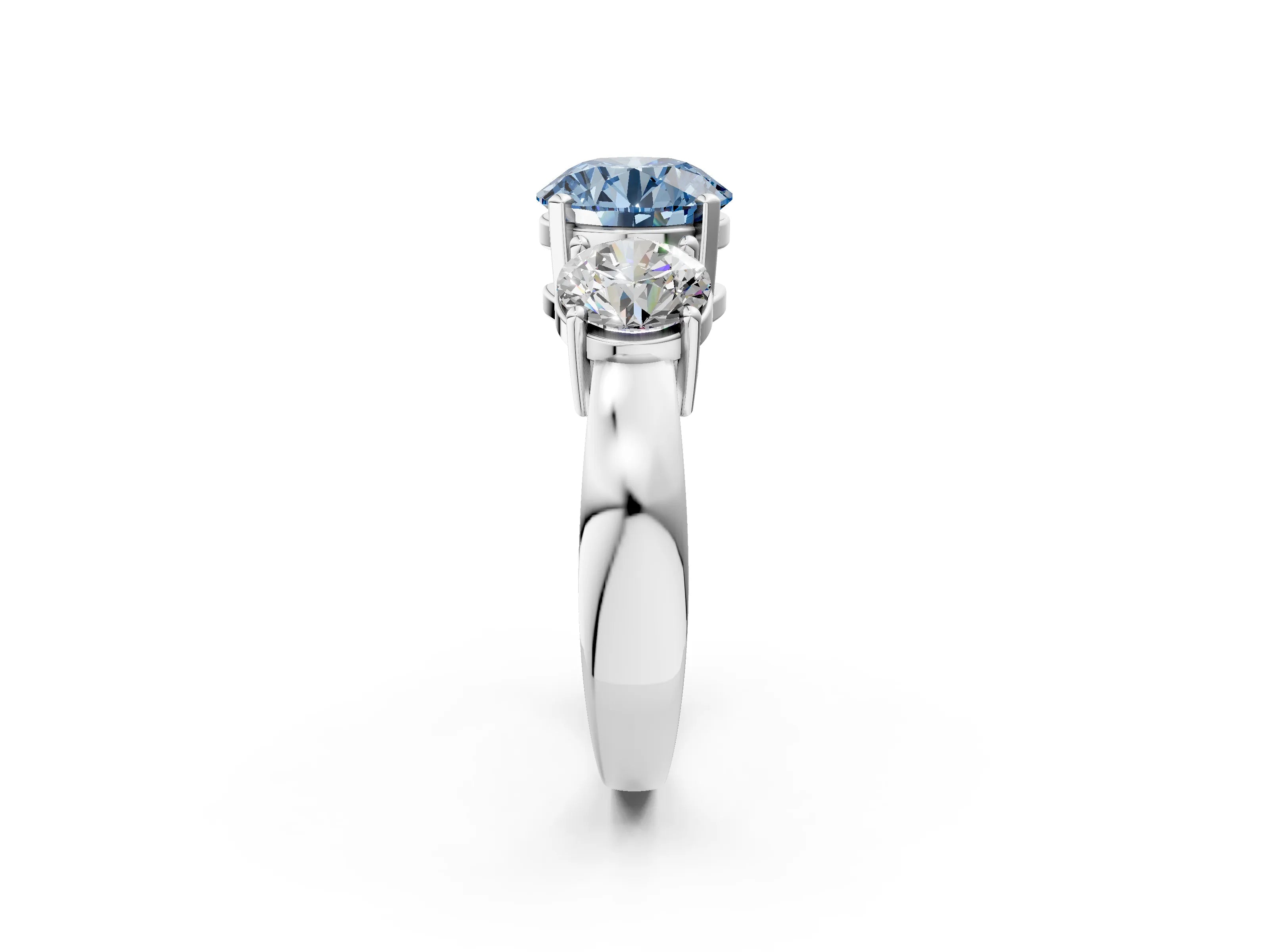 White gold Three-Stone Fancy Blue Round Cut Diamond Ring with Round Side Stones, Classic Band, and Four-Prong Setting_2