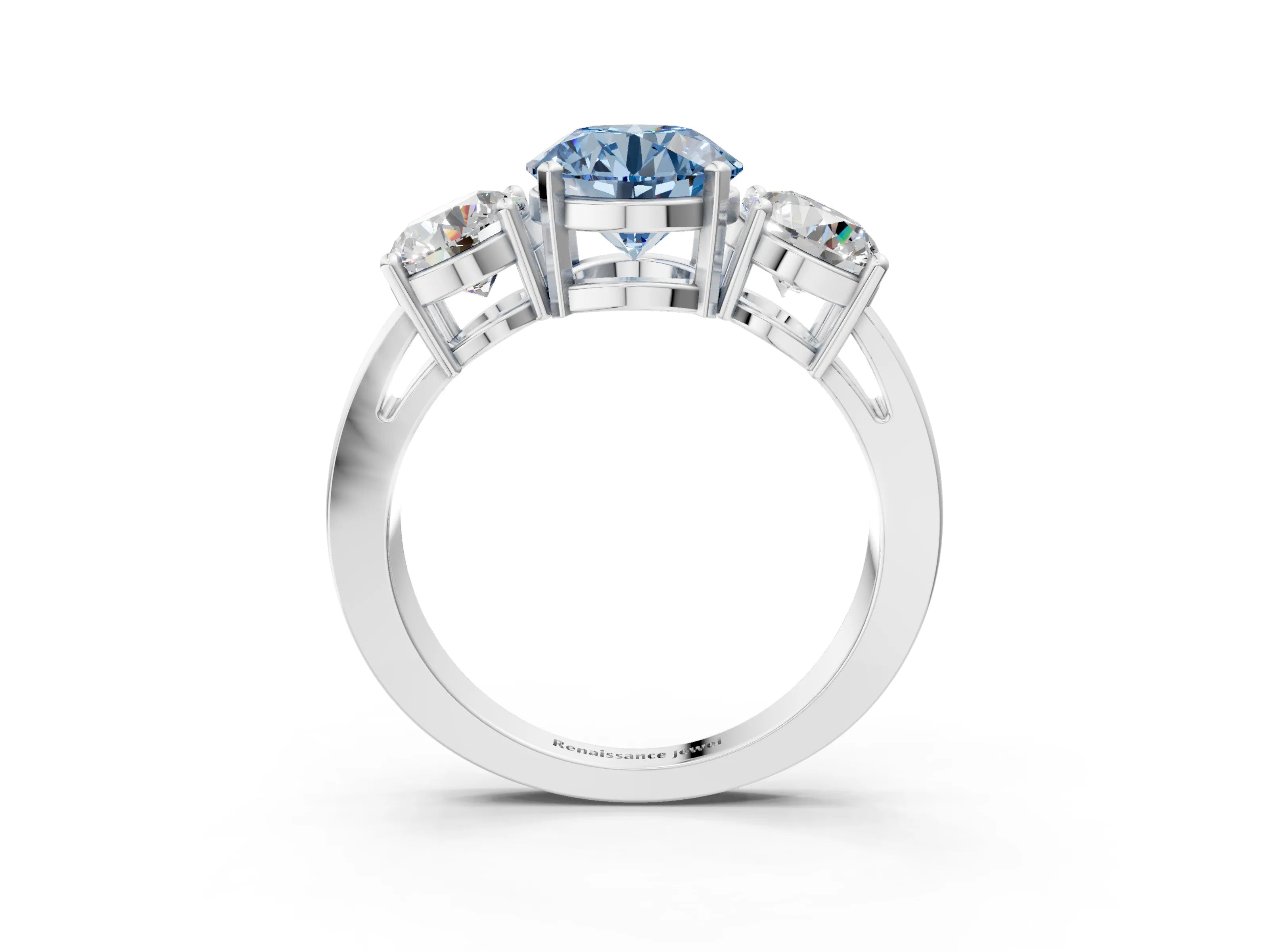 White gold Three-Stone Fancy Blue Round Cut Diamond Ring with Round Side Stones, Classic Band, and Four-Prong Setting_3