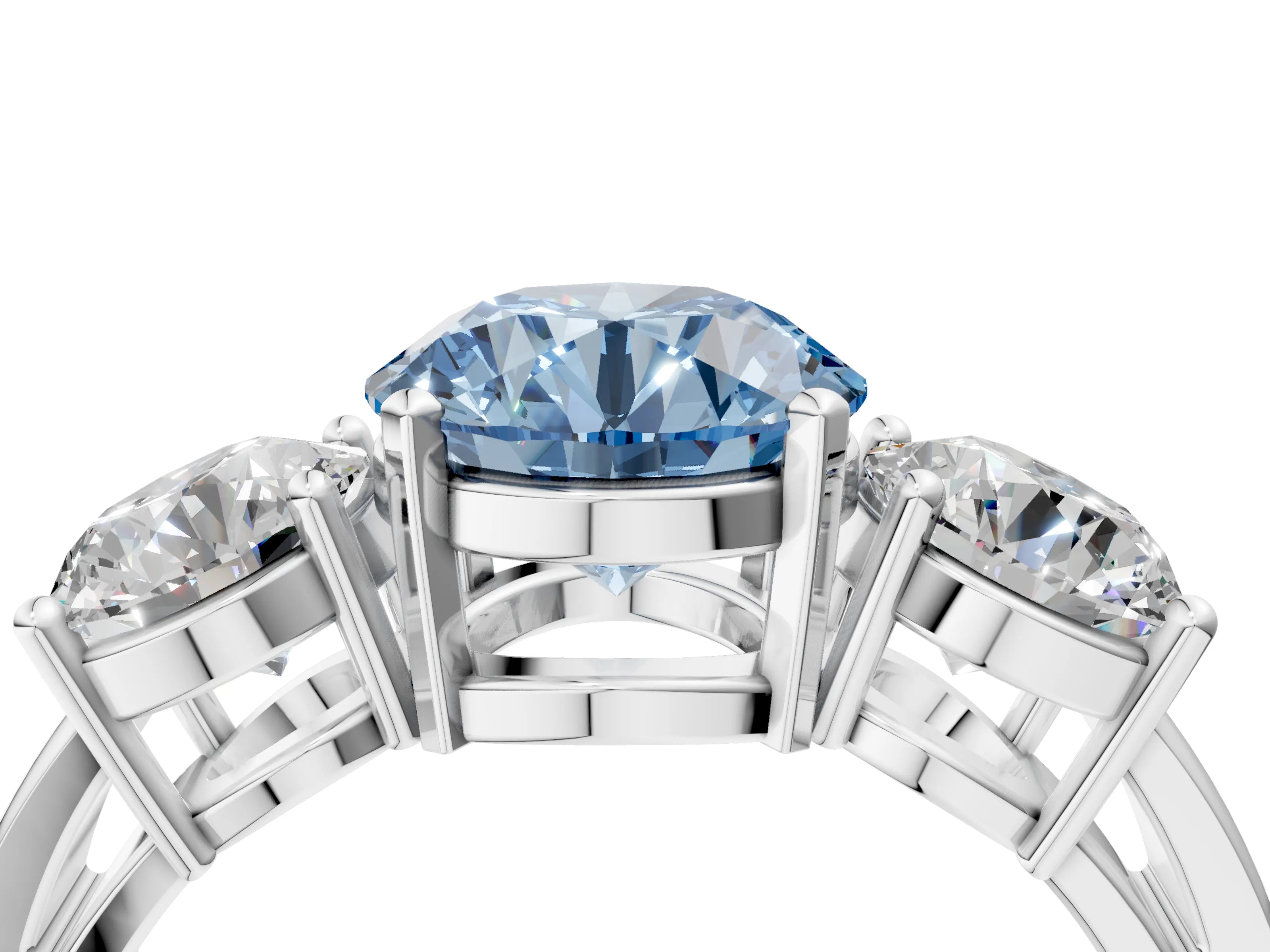 White gold Three-Stone Fancy Blue Round Cut Diamond Ring with Round Side Stones, Classic Band, and Four-Prong Setting_4