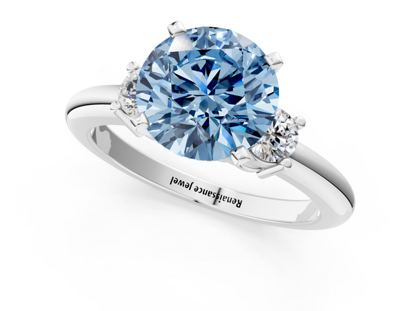 White gold Three-Stone Fancy Blue Round  Cut Diamond Solitaire with Prong Setting and Classic Band