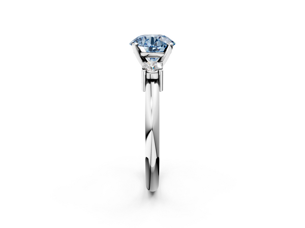 White gold Three-Stone Fancy Blue Round  Cut Diamond Solitaire with Prong Setting and Classic Band