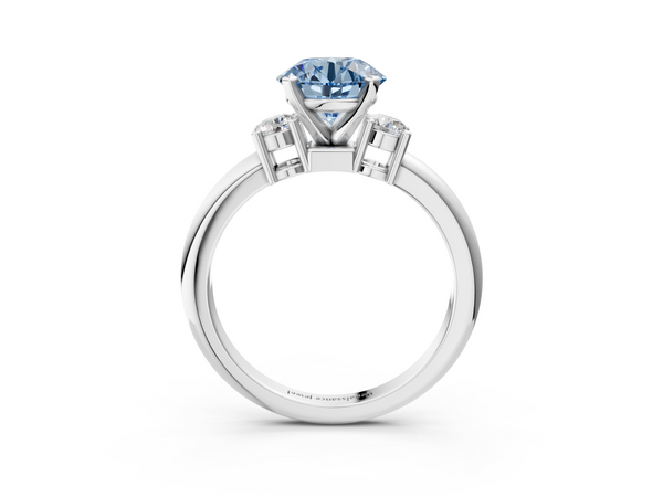 White gold Three-Stone Fancy Blue Round  Cut Diamond Solitaire with Prong Setting and Classic Band
