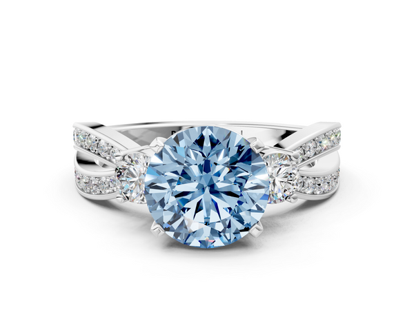 Platinum Three-Stone Fancy Blue Round  Cut Diamond Twist Band with Prong Setting