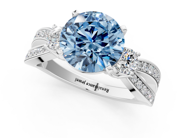 Platinum Three-Stone Fancy Blue Round  Cut Diamond Twist Band with Prong Setting