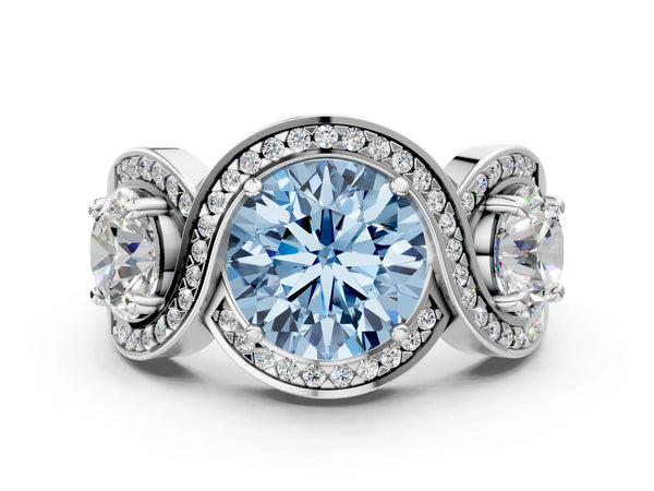 White gold Three-Stone Fancy Blue Round Cut Diamond Wave Pave Band with Prong Setting