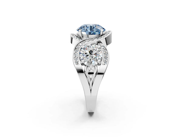 White gold Three-Stone Fancy Blue Round Cut Diamond Wave Pave Band with Prong Setting
