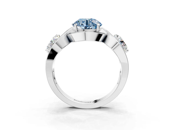 White gold Three-Stone Fancy Blue Round Cut Diamond Wave Pave Band with Prong Setting