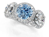 White gold Three-Stone Fancy Blue Round Cut Halo Diamond Milgrain Band with Four-Prong Setting_1