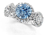 White gold Three-Stone Fancy Blue Round Cut Halo Diamond Ring with Pave Band and Four-Prong Setting_1