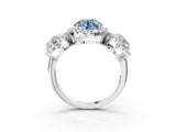 White gold Three-Stone Fancy Blue Round Cut Halo Diamond Ring with Pave Band and Four-Prong Setting_3
