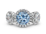 White gold Three-Stone Fancy Blue Round Cut Halo Diamond Ring with Pave Band and Four-Prong Setting
