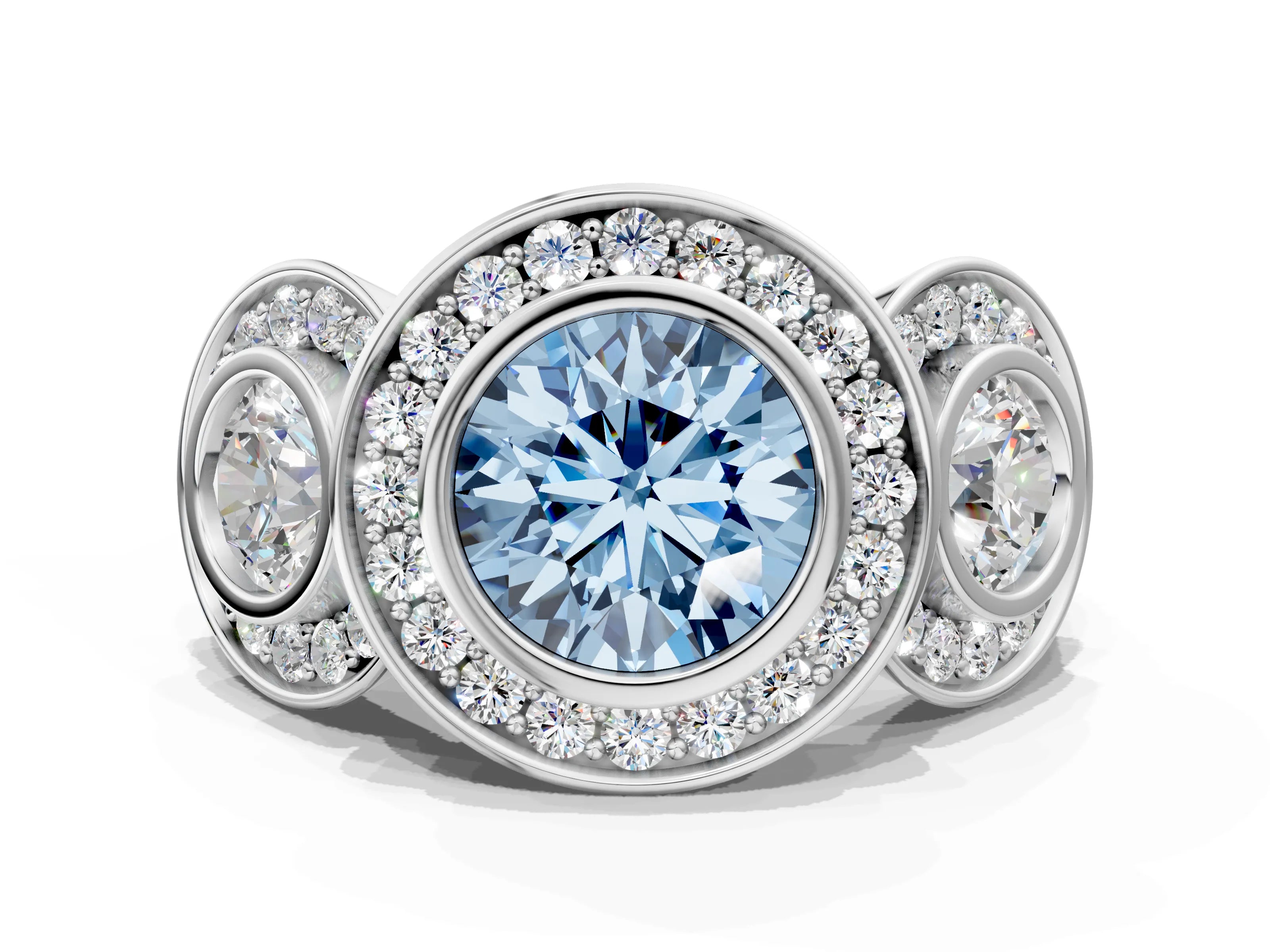 White gold Three-Stone Fancy Blue Round Cut Halo Pavé Diamond Ring